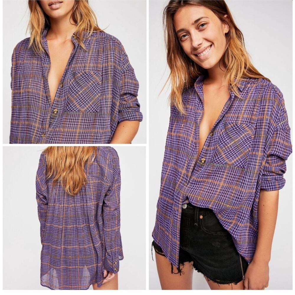 Free People Katie Bird Plaid Buttondown Metallic Blouse Purple Size Small